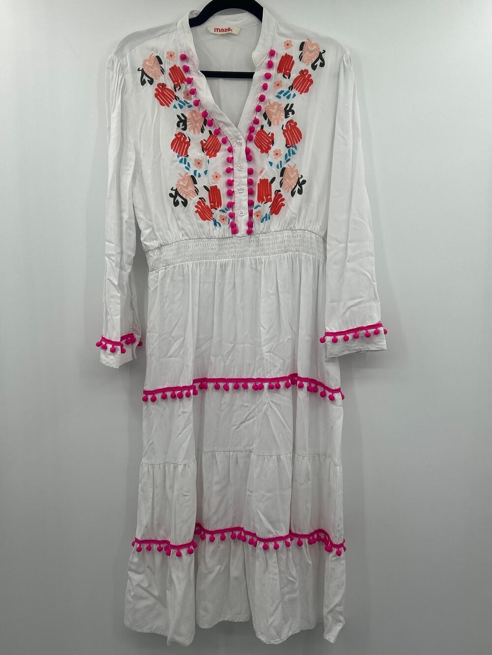 Mazik Large White Embroidered Boho Midi Dress Pink Pom Pom Trim Cottagecore